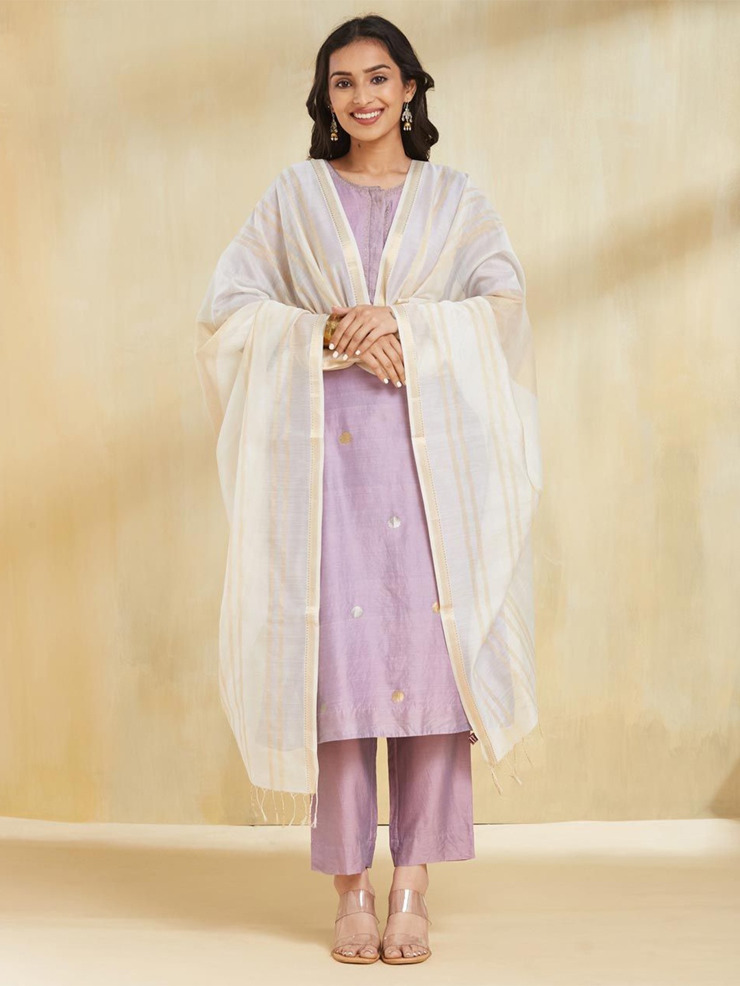 

Fabindia Striped Cotton Silk Dupatta, Beige