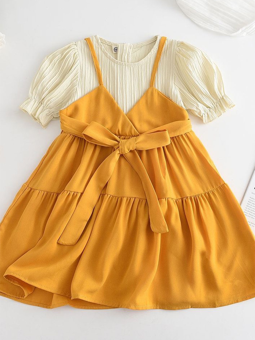 

LULU & SKY Girls Colourblocked Puff Sleeves Fit & Flare Dress, Beige