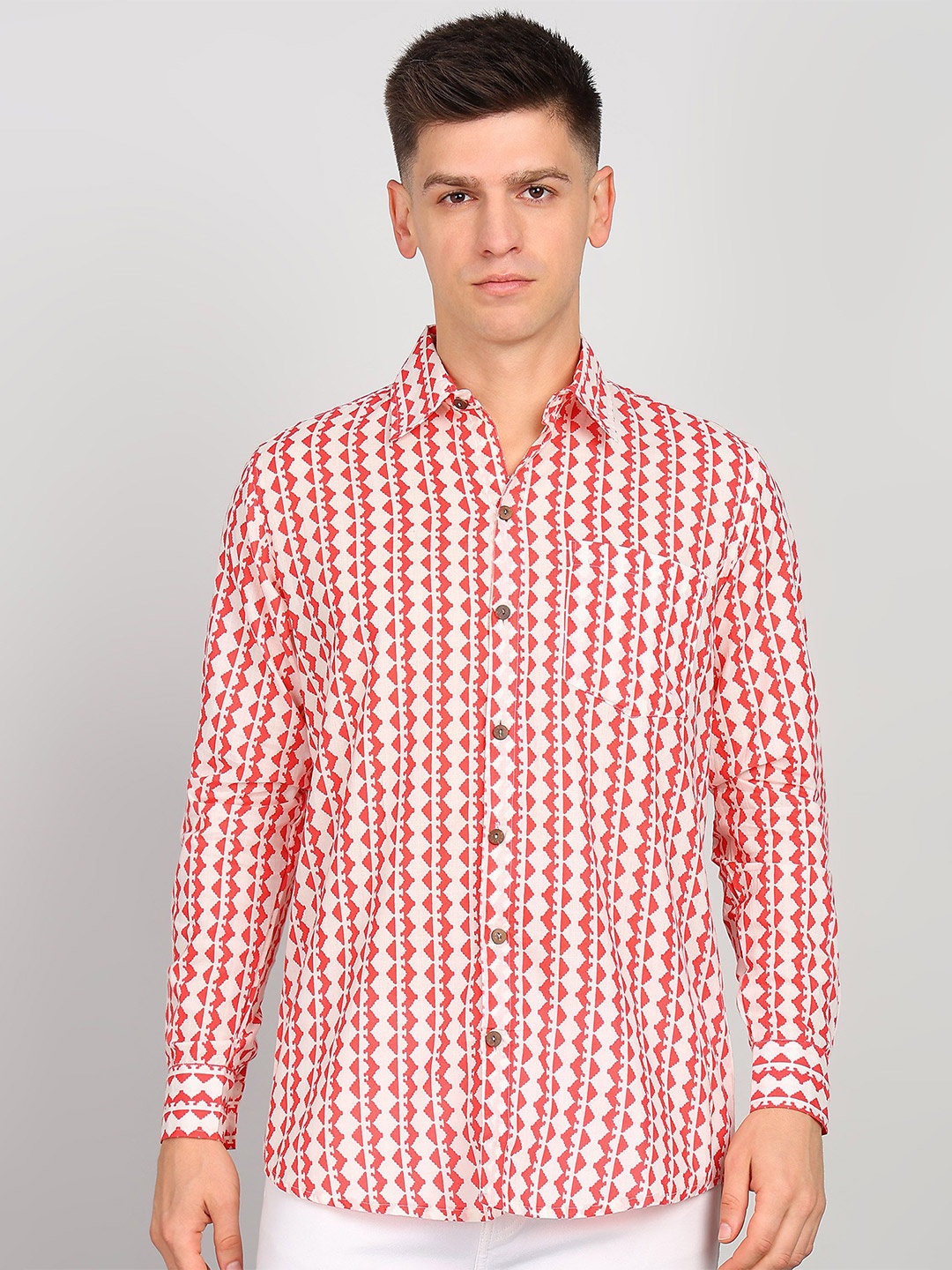 

Label Ceres Men Premium Fit Spread Collar Striped Cotton Casual Shirt, Cream