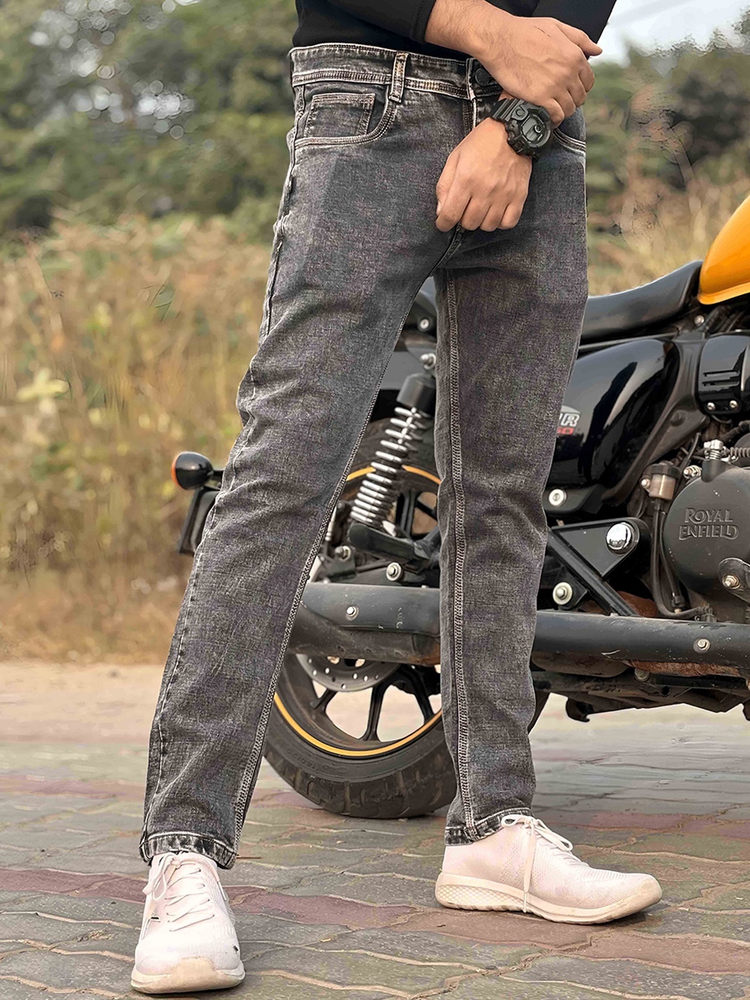 

styzon Men Jean Slim Fit Slash Knee Jeans, Grey