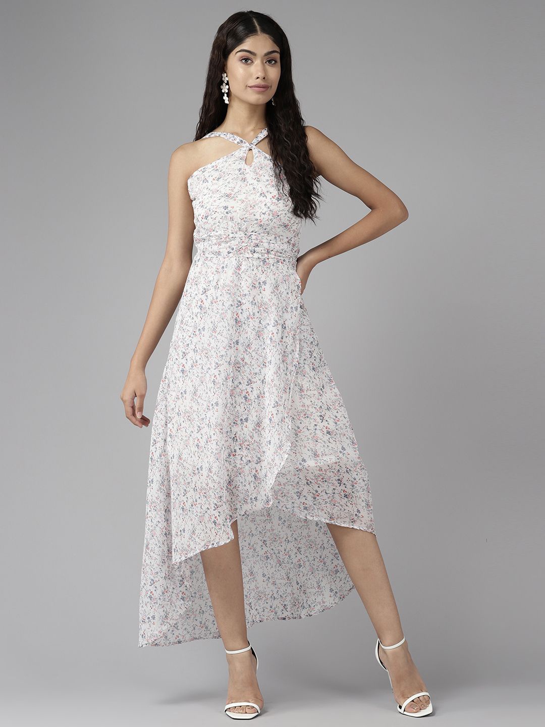 

CORSICA Floral Print Halter Neck Georgette Maxi Dress, White