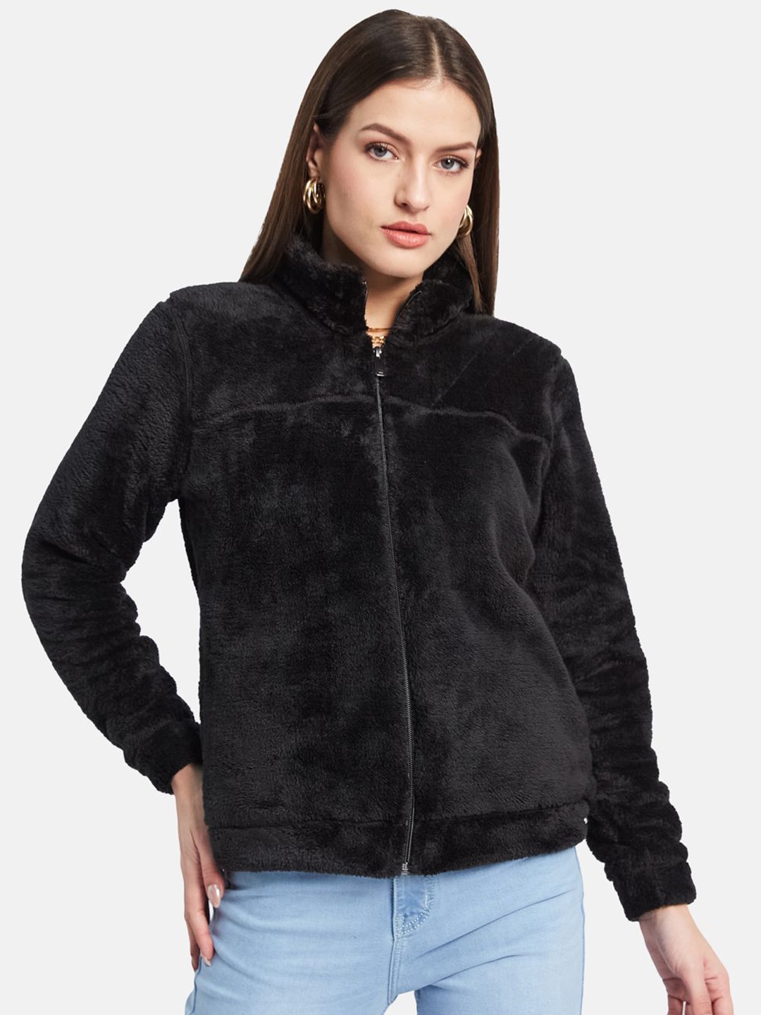 

METTLE Women Solid Long Sleeves Mandarin Collar Sweatshirt, Black