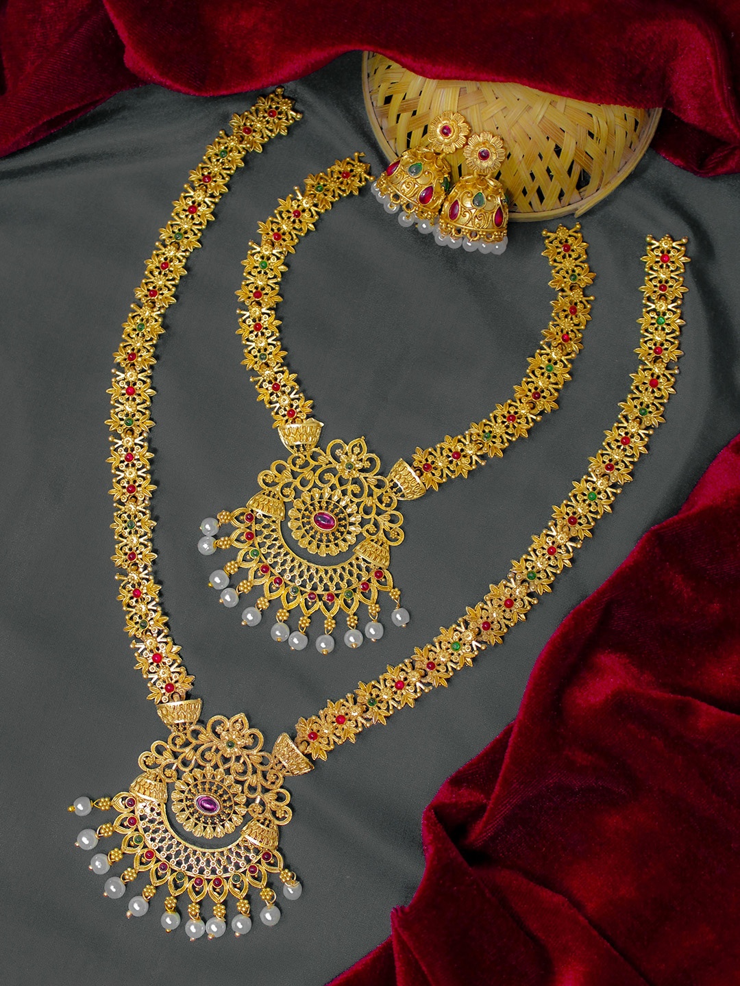 

NAGNESHI ART Gold-Plated Artificial Stone-Studded & Beaded Temple Jewellery Set