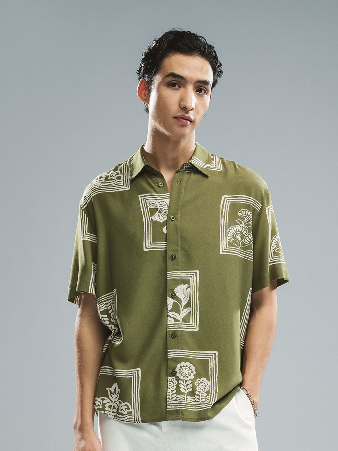 

H&M Relaxed Fit Half Sleeve Printed Shirt, Green