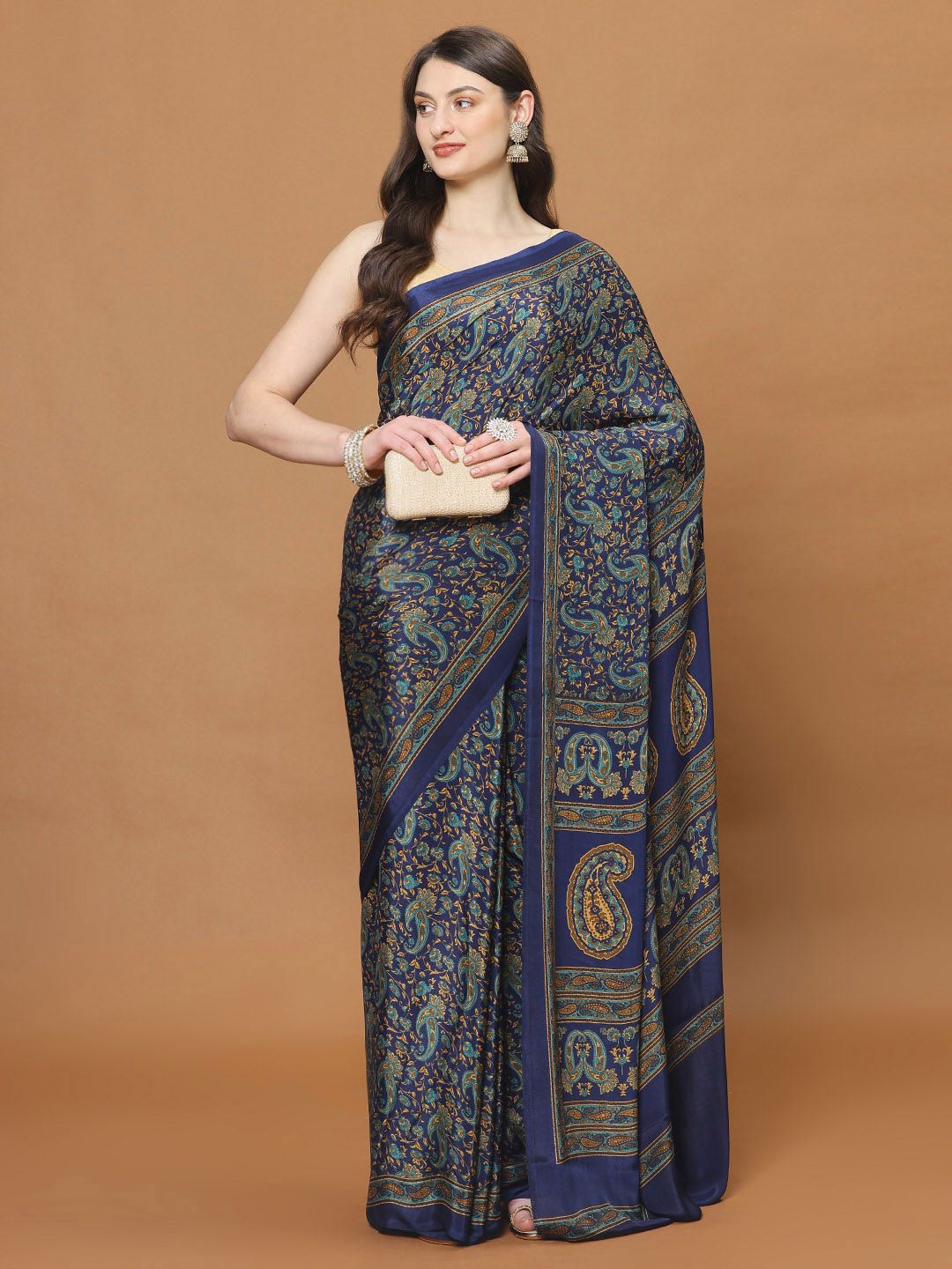 

Meena Bazaar Paisley Poly Crepe Saree, Blue