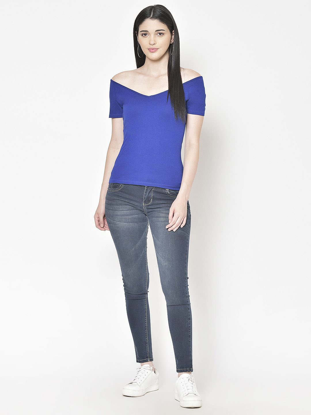 

Moda Rapido Women Solid V-Neck Cotton Top, Blue