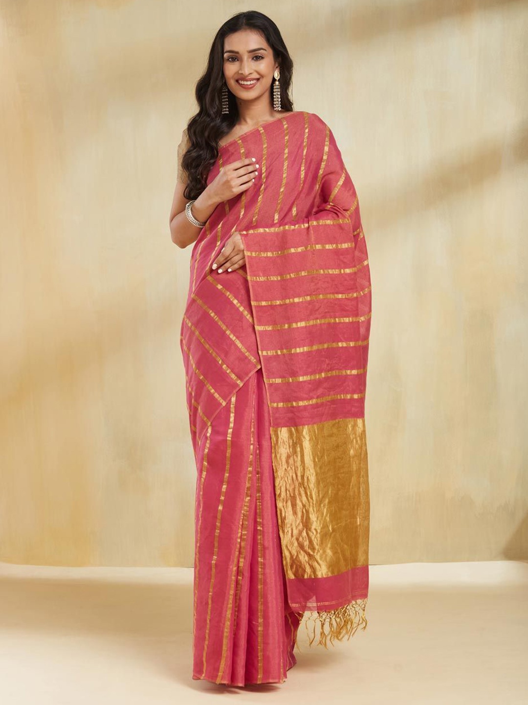 

Fabindia Striped Zari Saree, Pink