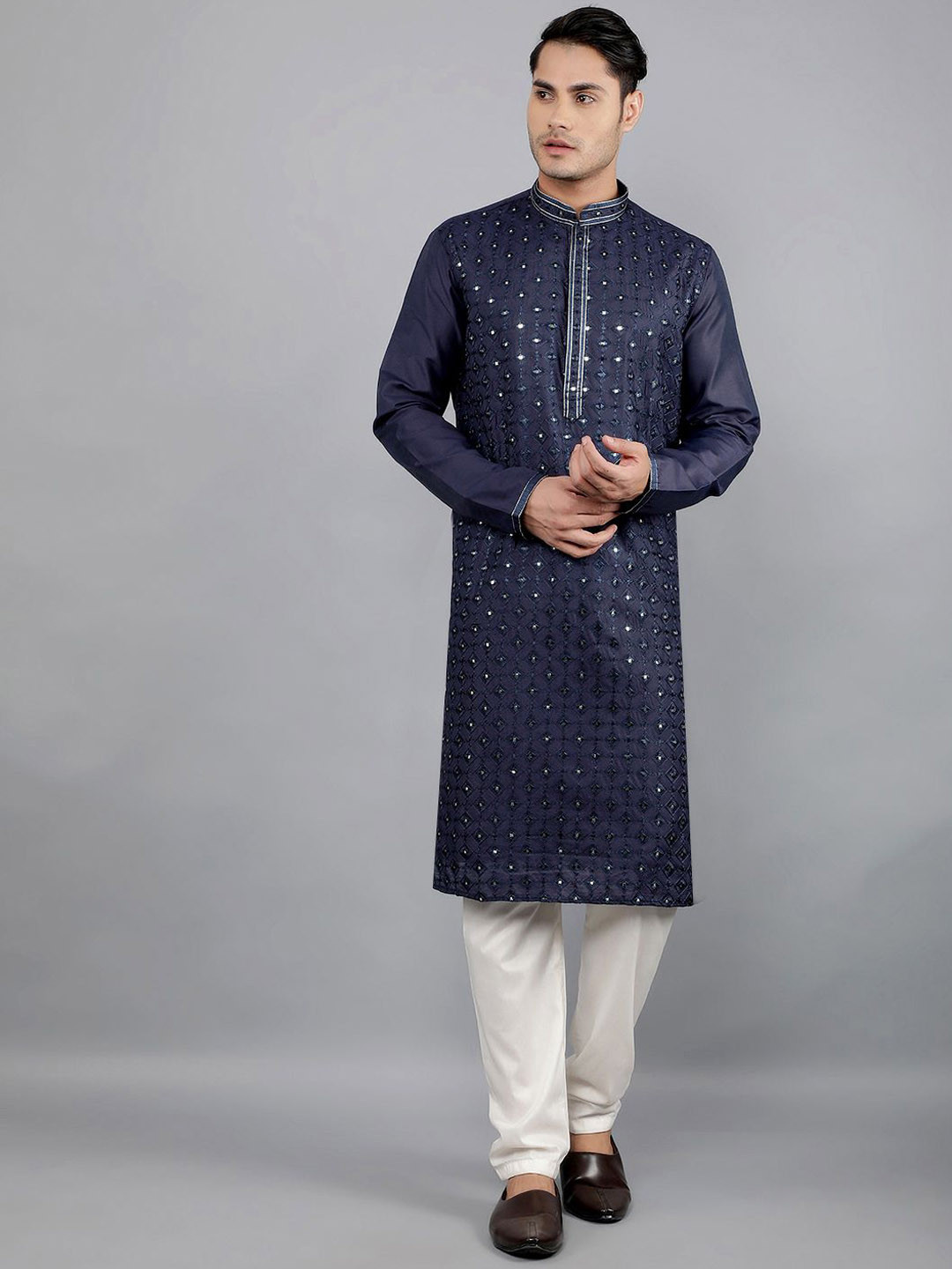 

Manish Creations Floral Embroidered Mandarin Collar Mirror Work Kurta With Churidar, Navy blue