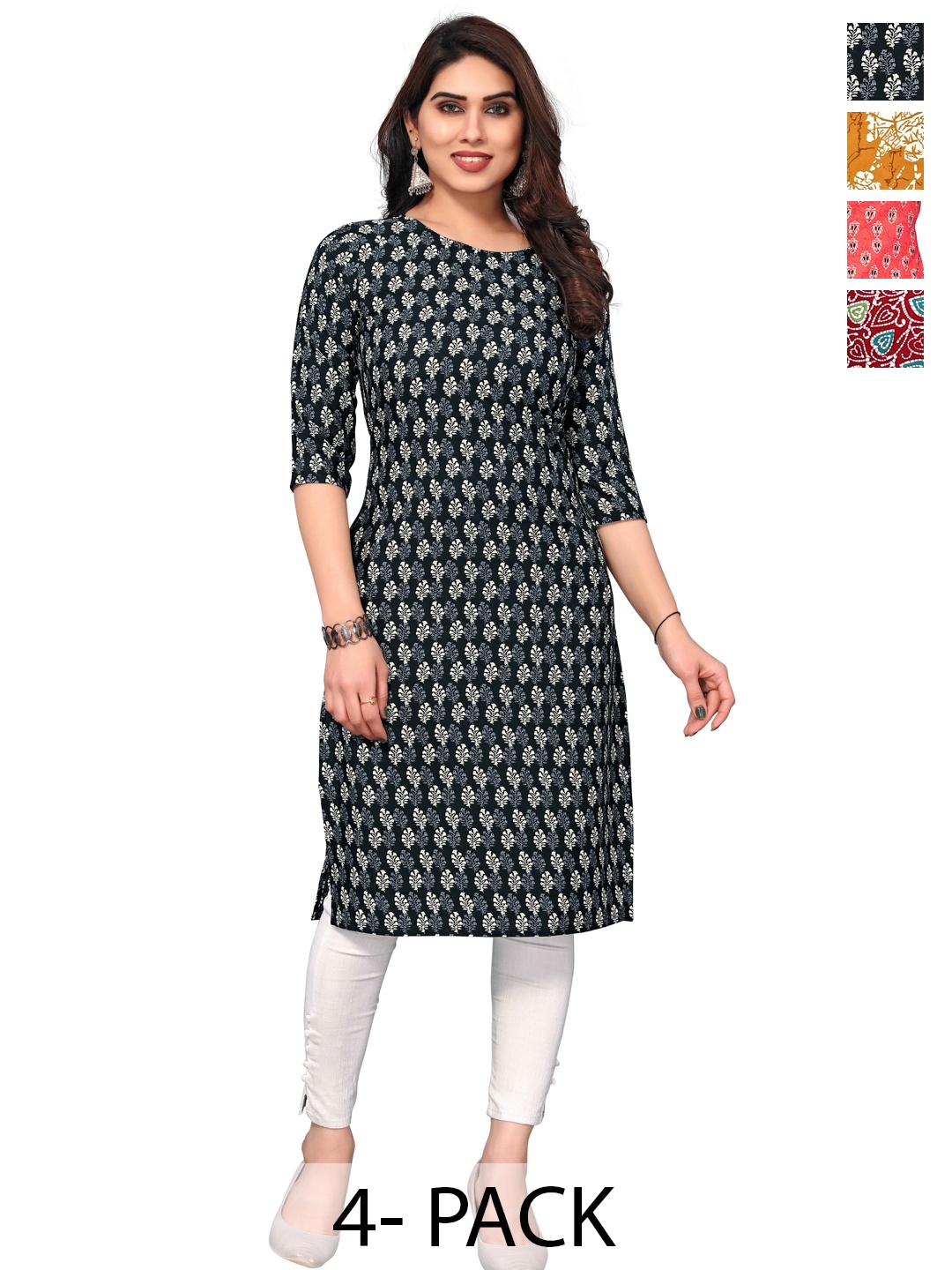 

KETAKI FASHION Selection Of 4 Floral Printed Straight Kurtas, Black