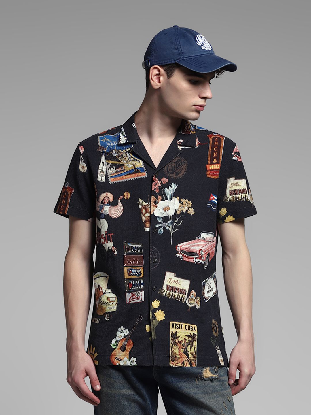

Jack & Jones Men Cuban Collar Graphic Printed Cotton Casual Shirt, Black