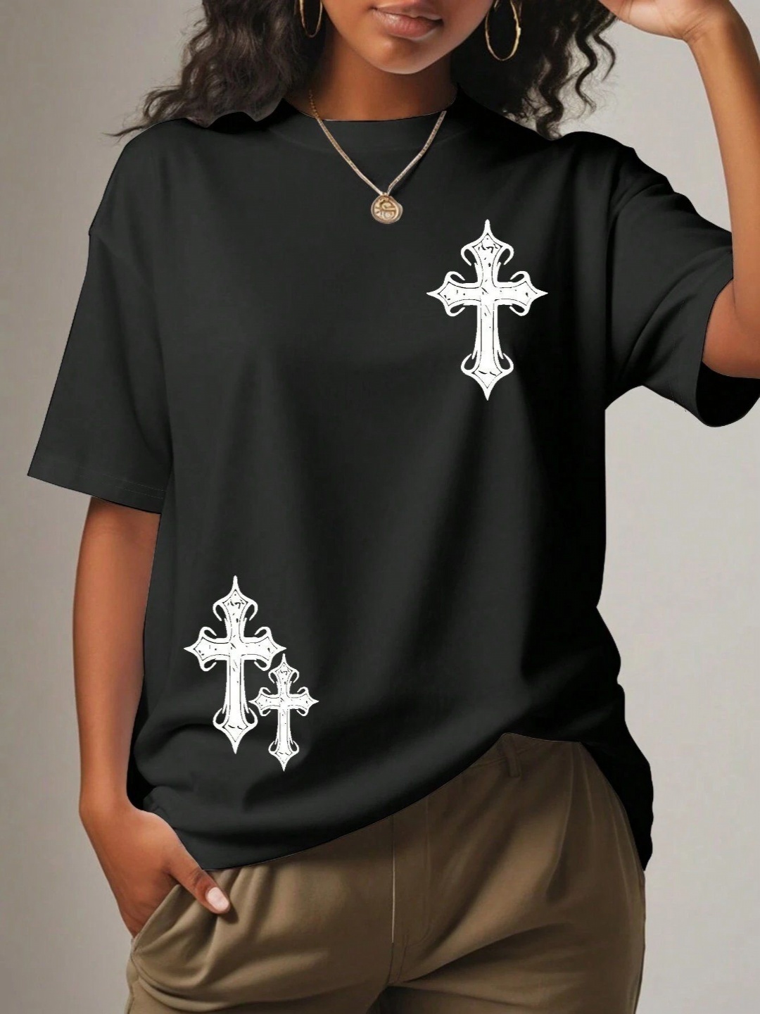 

SXV STYLE Women Graphic Printed Round Neck Cotton Oversized T-shirt, Black