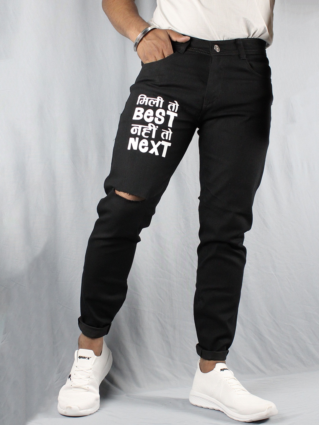 

styzon Men Jean Slim Fit Slash Knee Printed Cotton Jeans, Black