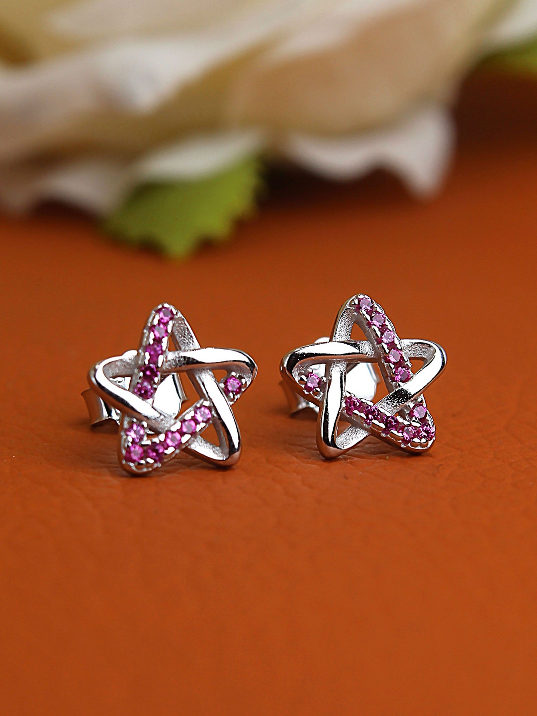 

DEVASHREE 925 Silver Rhodium-Plated Ruby Cubic Zirconia Studded Star Shaped Studs