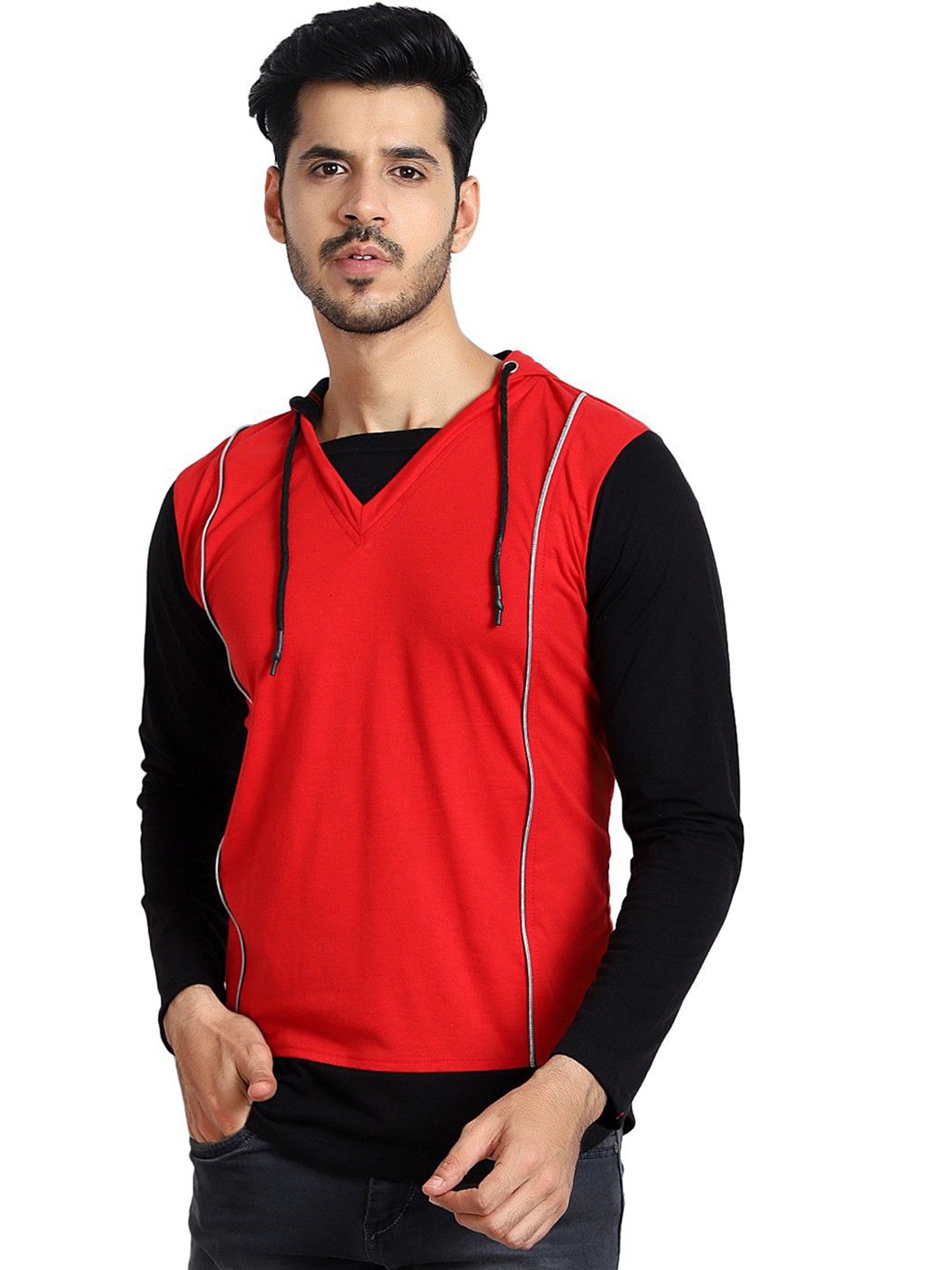 

Black Collection Men Solid Hood Cotton Slim Fit T-shirt, Red