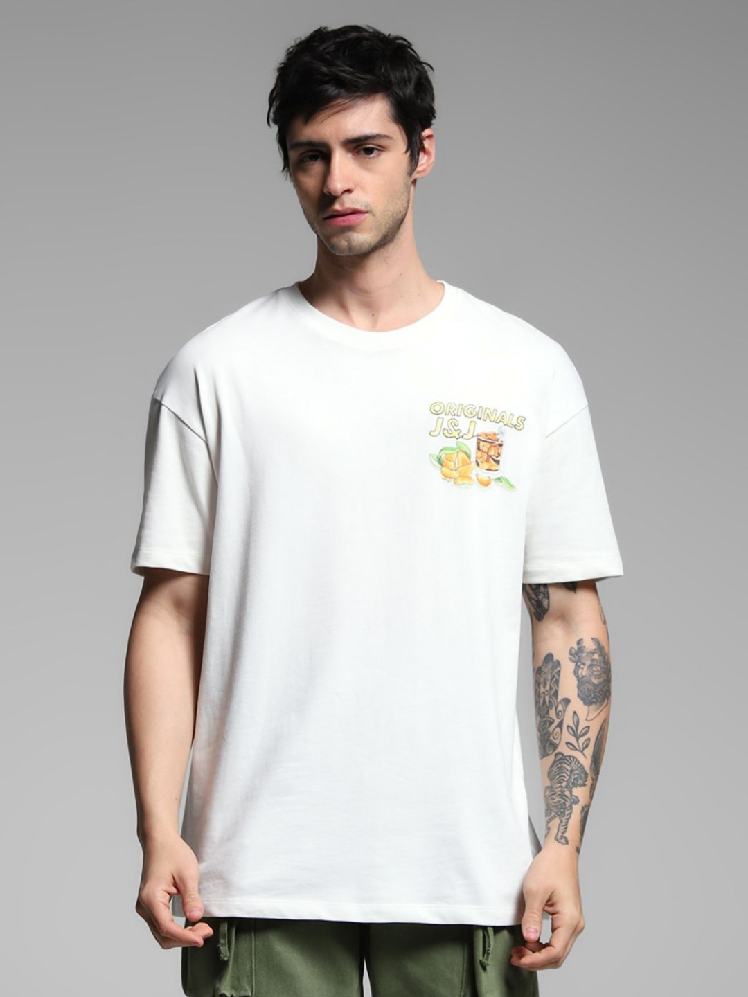 

Jack & Jones Men Graphic Printed Round Neck Cotton Oversized T-shirt, White