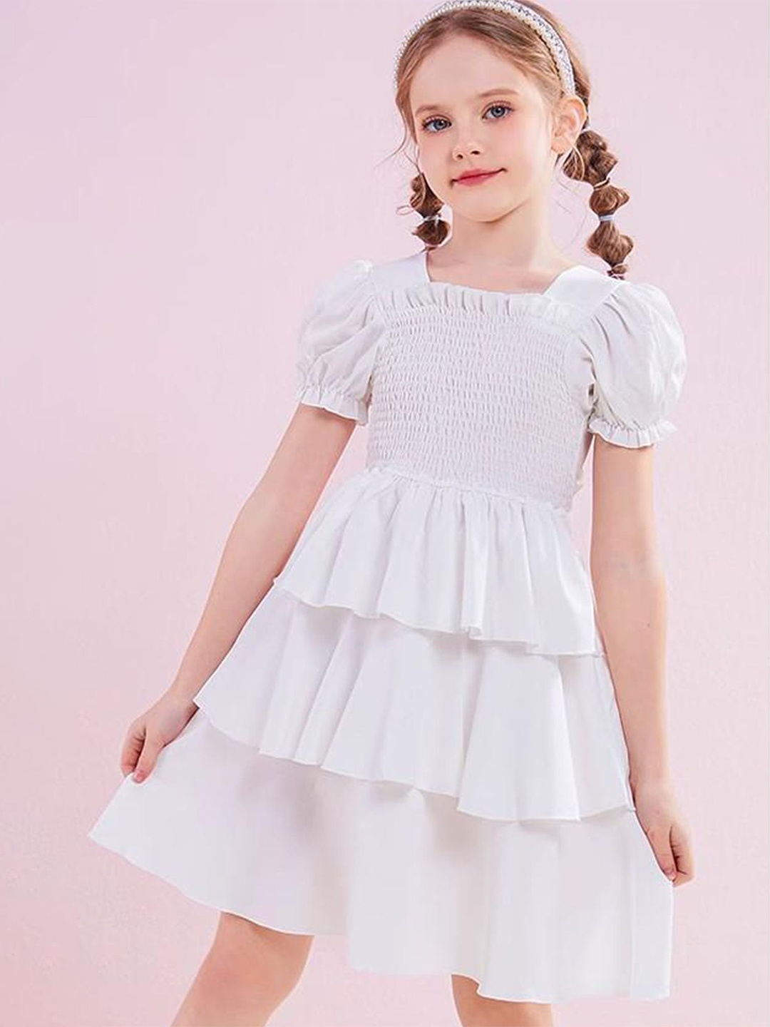 

LULU & SKY Girls Puff Sleeve Smoked Fit & Flare Tiered Dress, White