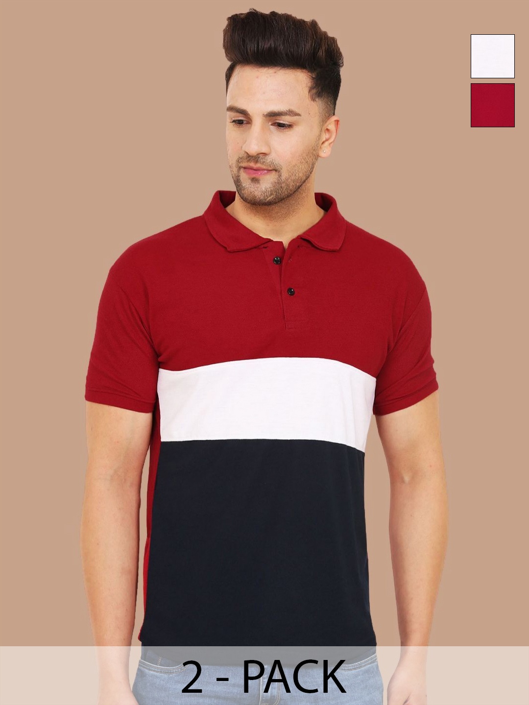 

Leotude Men Pack of 2 Colourblocked Polo Collar Cotton T-shirts, Navy blue