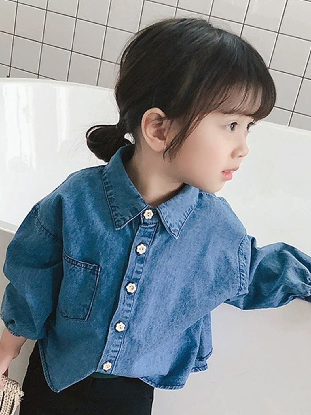 

LULU & SKY Girls Spread Collar Faded Cotton Casual Shirt, Blue