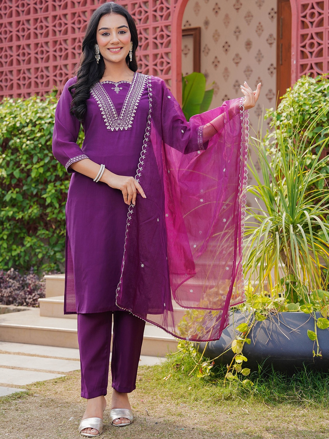 

CELEBRAVO Embroidered Sequinned V-Neck Straight Kurta With Trousers And Dupatta, Purple