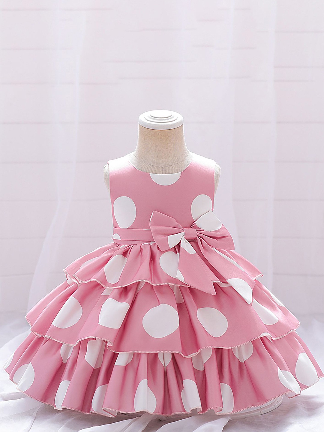 

LULU & SKY Girls Polka Dots Printed Round Neck Sleeveless Tiered Dress, Pink