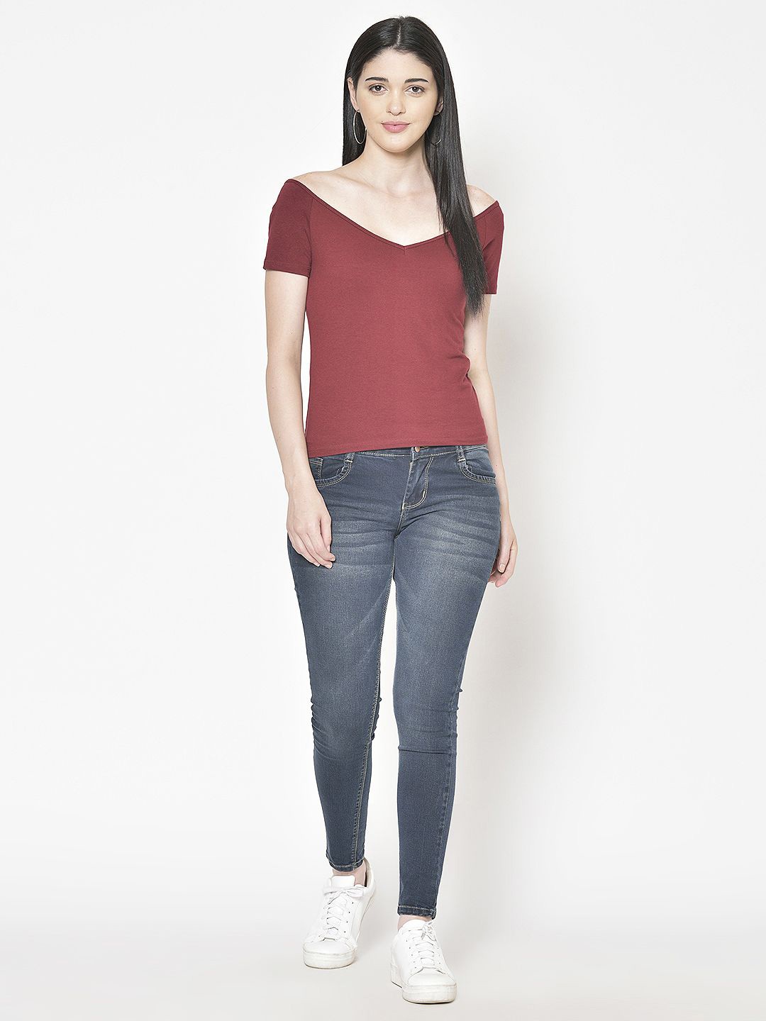 

Moda Rapido Women Solid V-Neck Cotton Top, Maroon