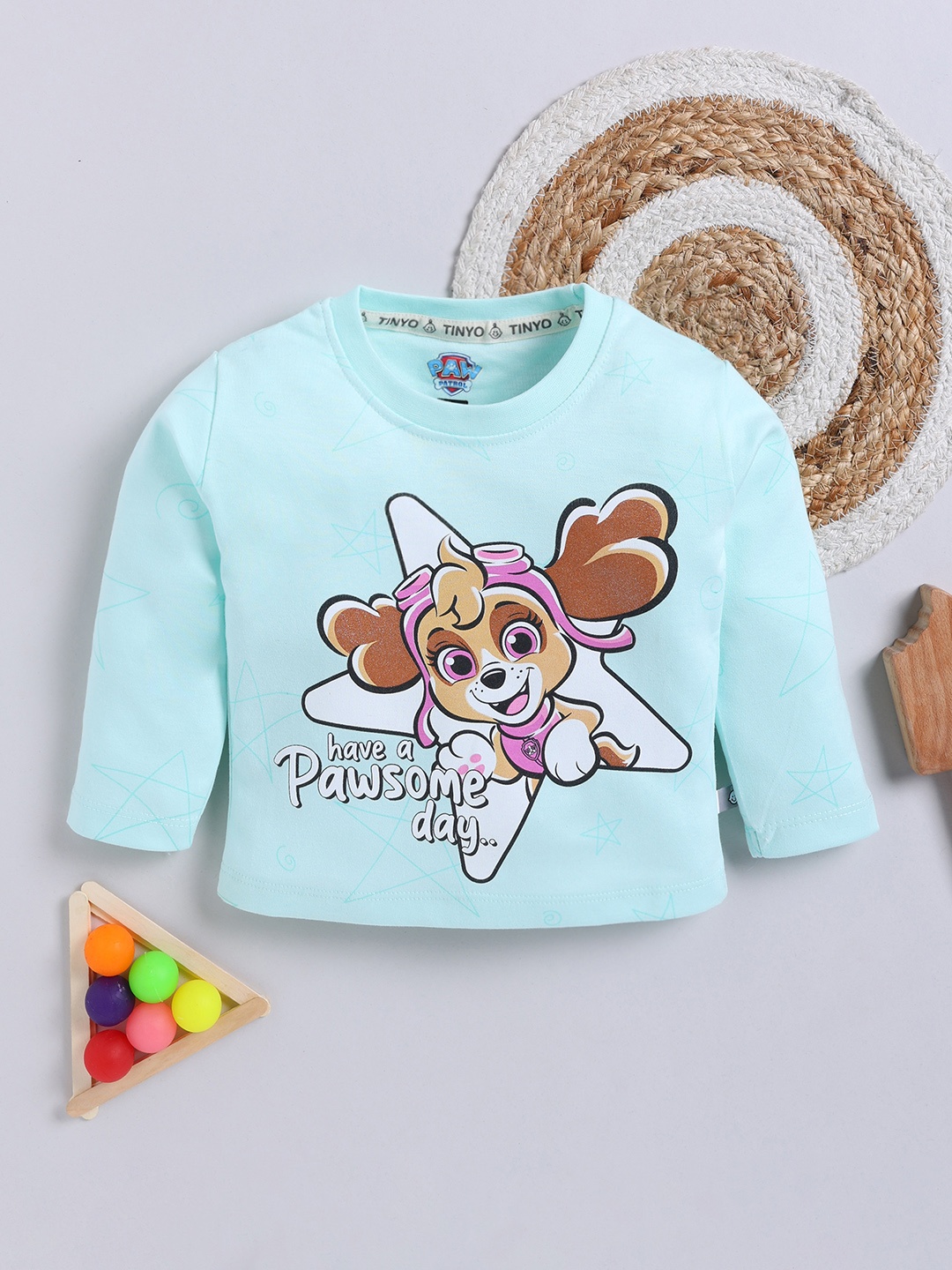 

YK X Tinyo Infant Girls Paw Patrol Printed Cotton T-shirt, Sea green