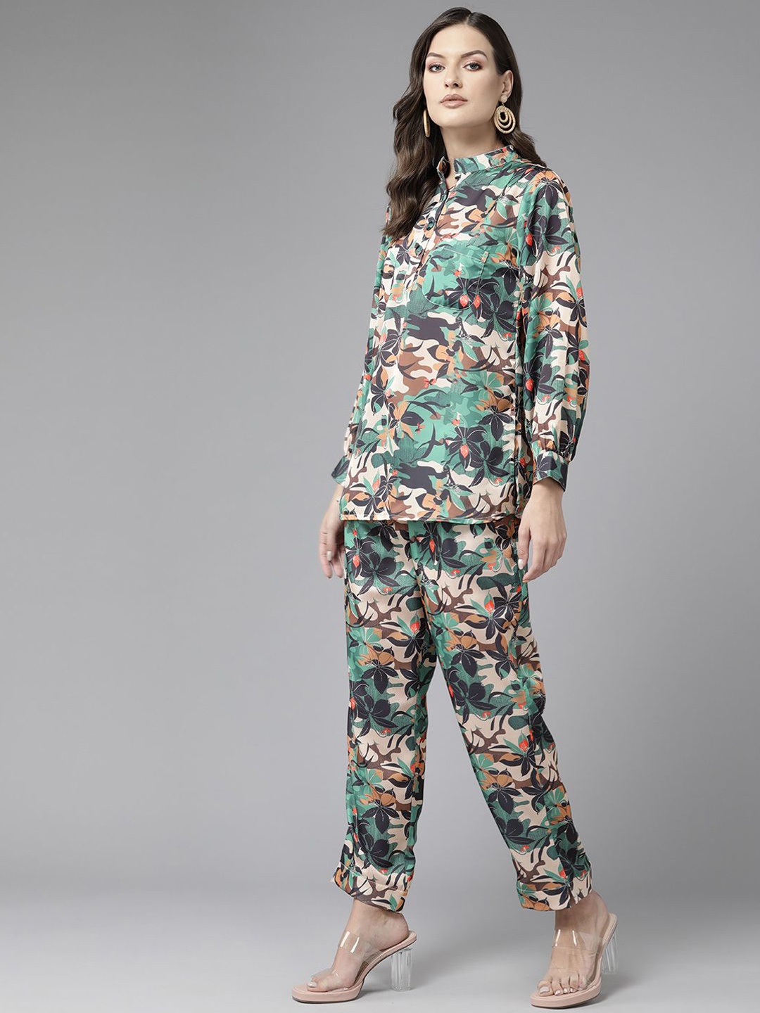

CORSICA Floral Printed Mandarin Collar Pure Silk Tunic With Trousers, Green