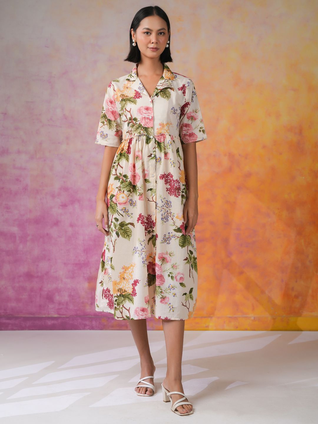 

SANSKRUTIHOMES Women Floral Printed Fit & Flare Midi Dress, Off white