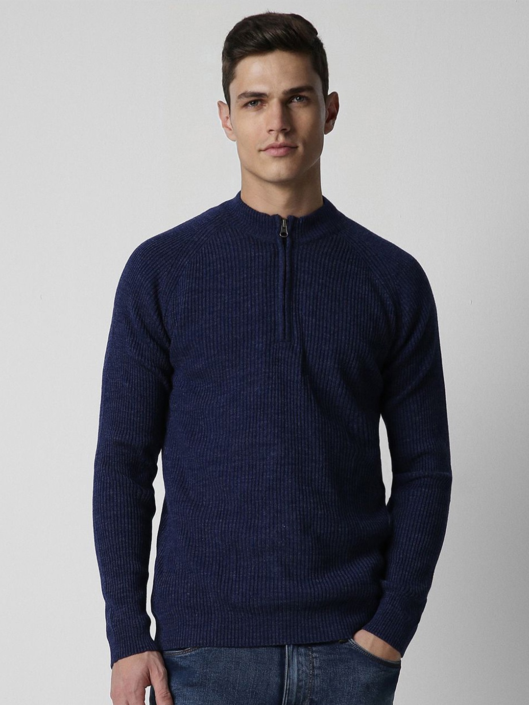 

PETER ENGLAND UNIVERSITY Men Ribbed Mock Collar Pullover Sweater, Navy blue