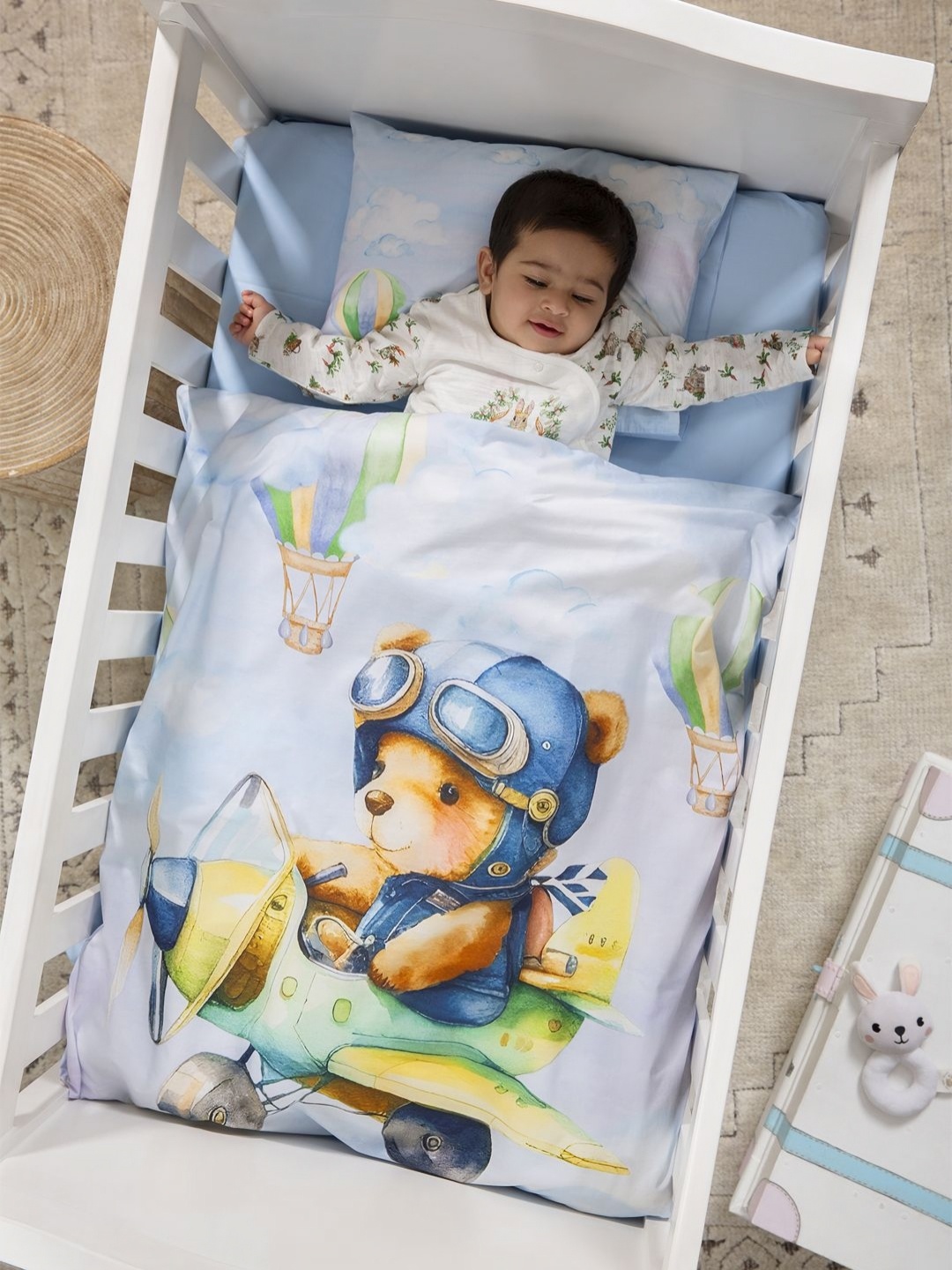 

THE BABY TRUNK White & Blue Cartoon Characters Egyptian Cotton 2 Piece Crib Superfine Bedding Set