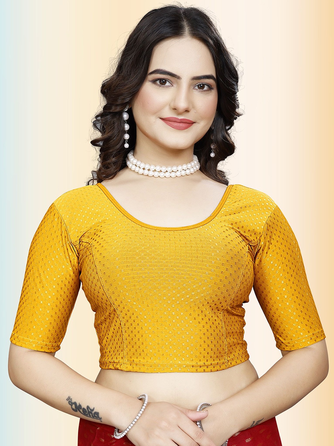 

TANISHM FEB TEX Embellished Round Neck Stretchable Saree Blouse, Mustard