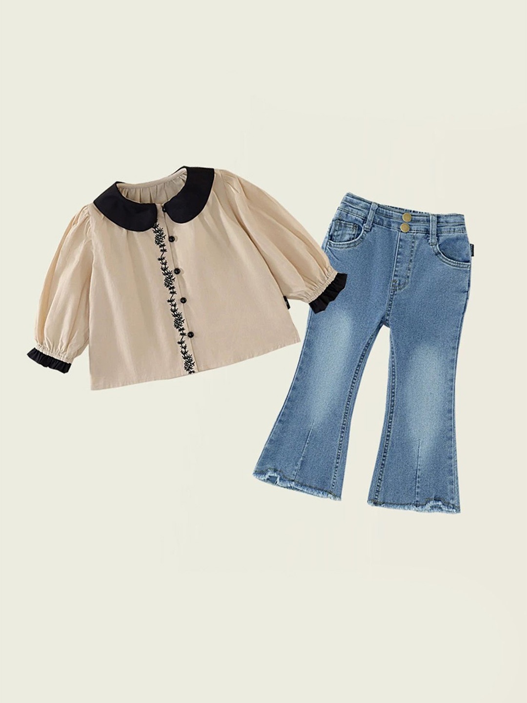 

LULU & SKY Girls Peter Pan Collar Pure Cotton Top With Jeans, Beige