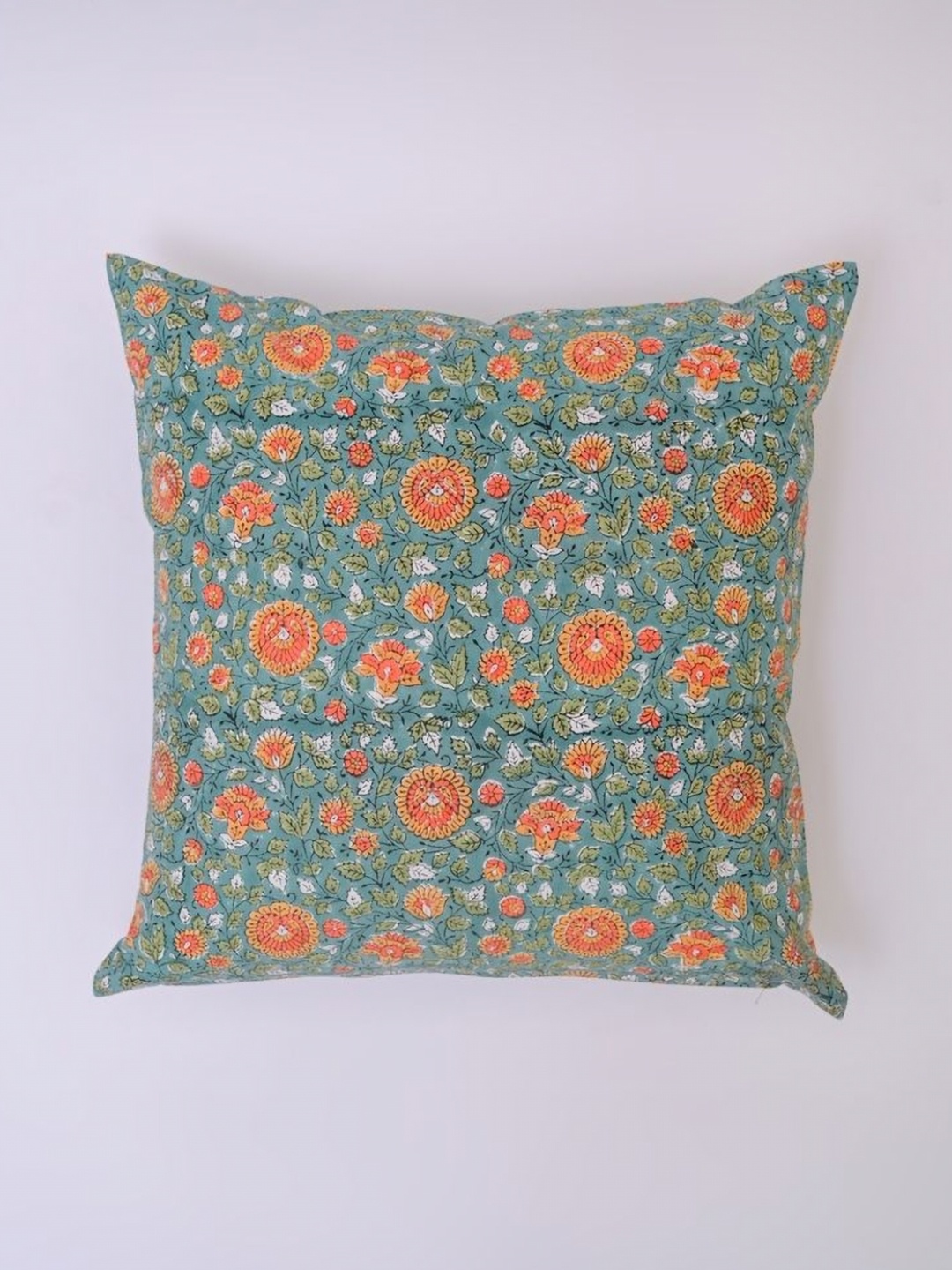 

Block N Style Deadalus Green & Orange Floral Printed Cotton Square Cushion Cover