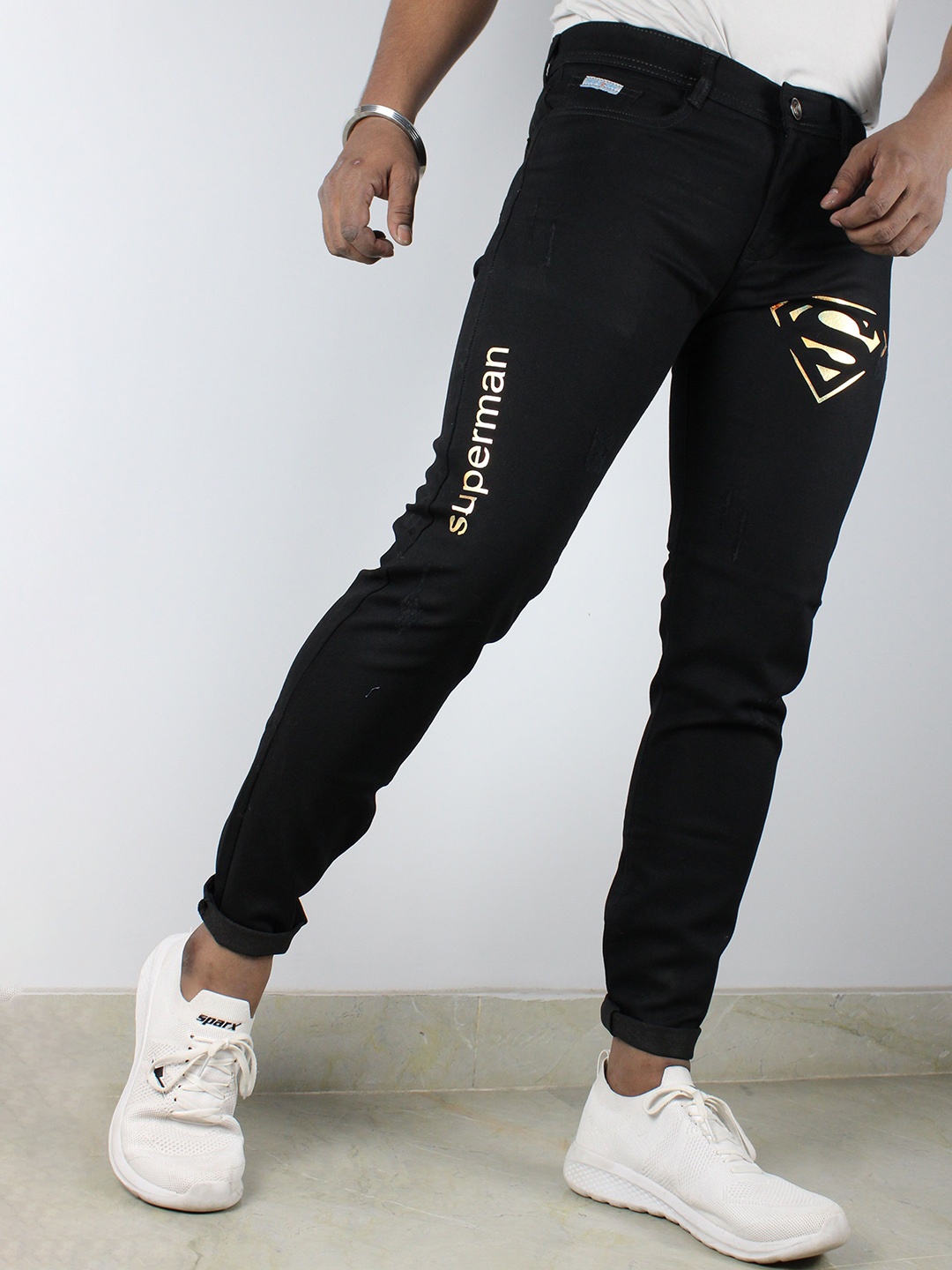 

styzon Men Jean Printed Skinny Fit Cropped Jeans, Black