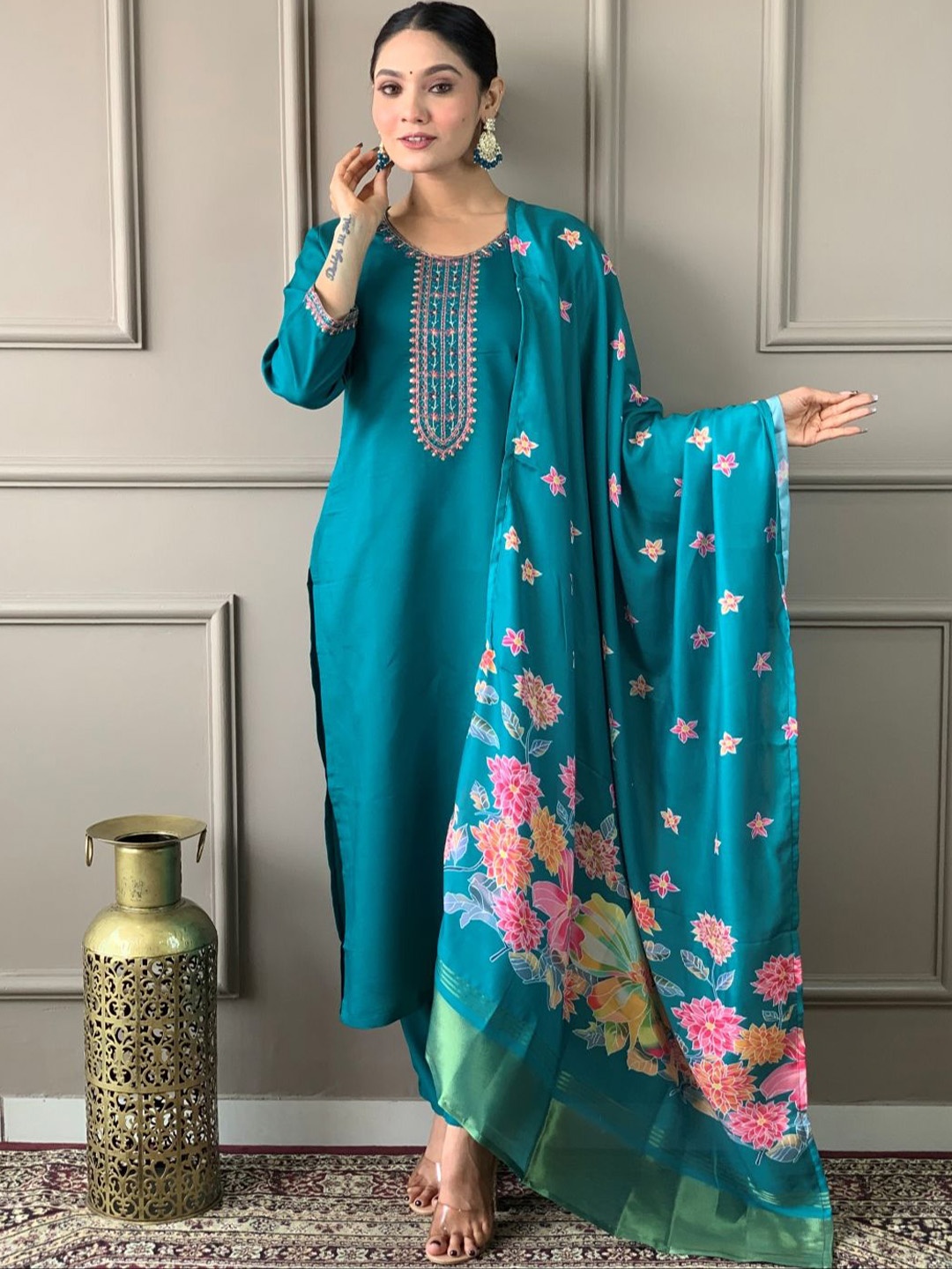 

NKV Yoke Design Round Neck Kurta With Trousers And Dupatta, Blue
