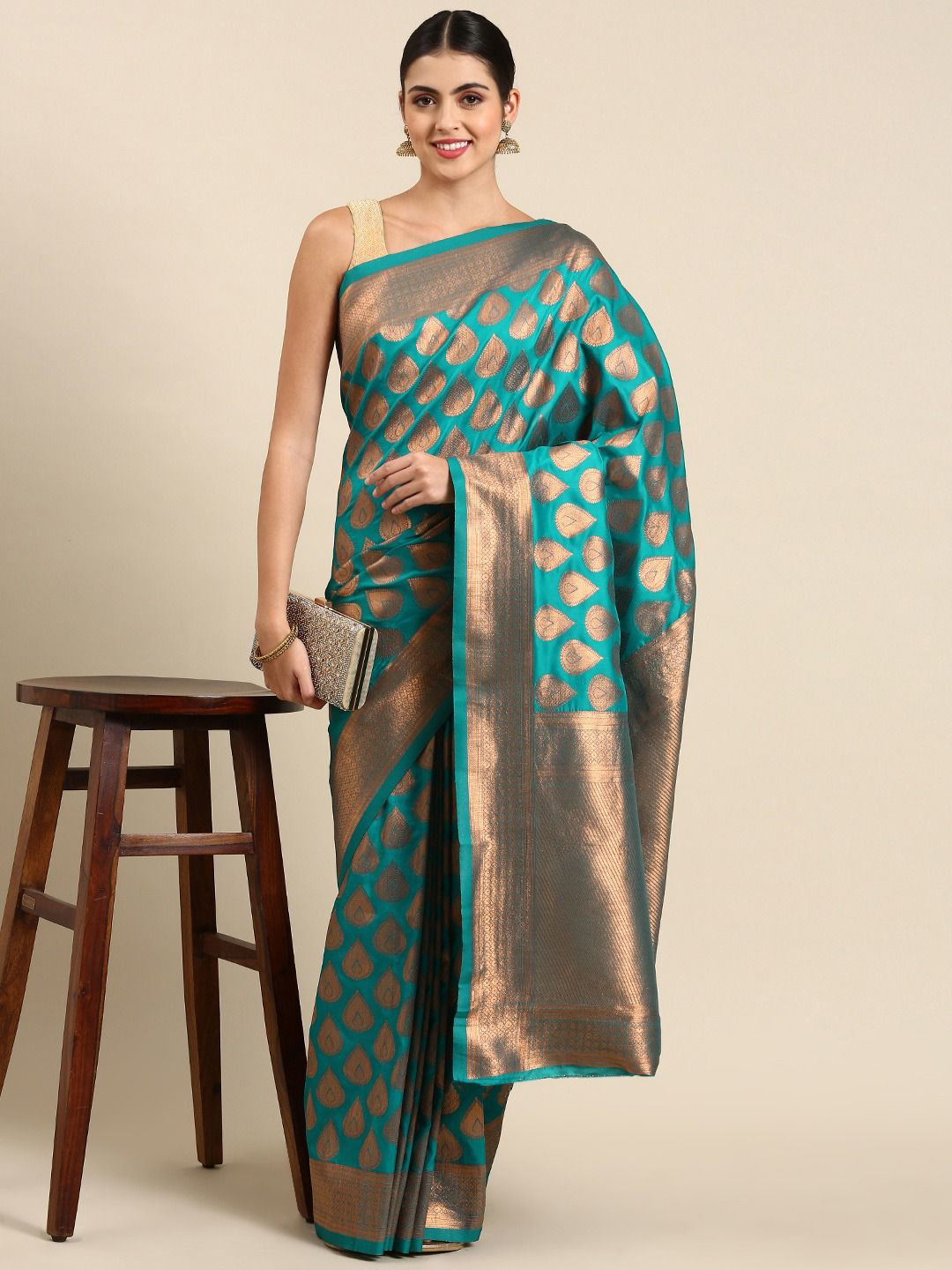 

DIVASTRI Women Woven Design Zari Silk Blend Banarasi Saree, Blue