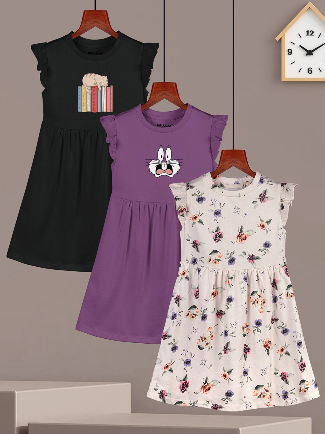

HELLCAT Girls Pack Of 3 Printed Flutter Sleeves Fit & Flare Dress, Purple