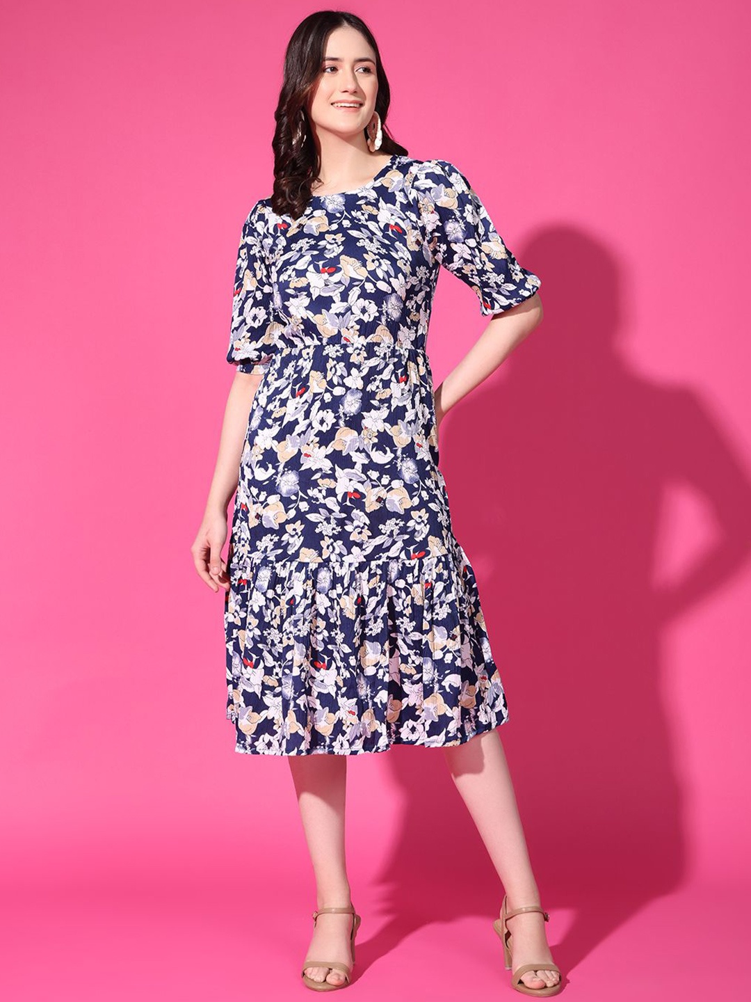 

Istyle Can Women Floral Printed Fit and Flare Midi Dress, Navy blue