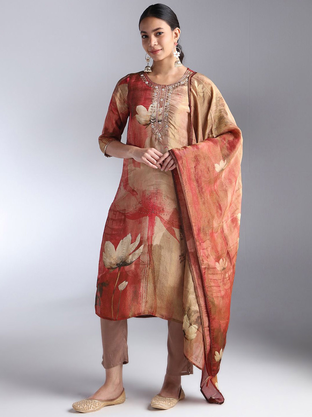 

House Of Dharaa Floral Embroidered Round Neck Kurta With Trousers & Dupatta, Brown