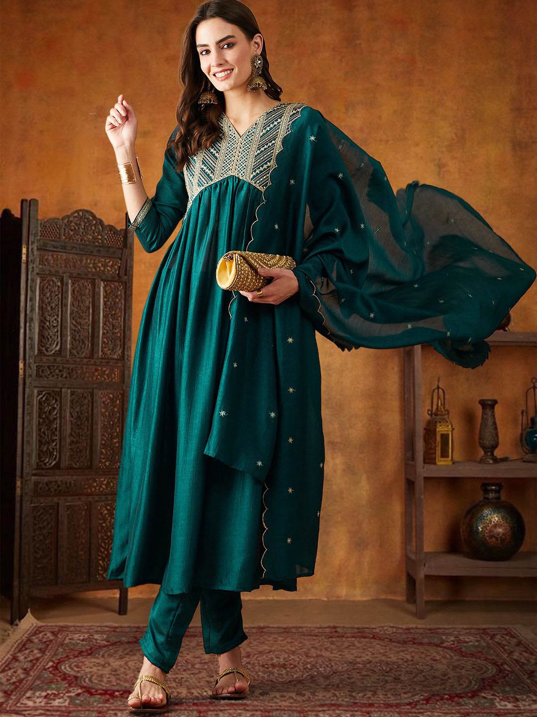 

SheWill Floral Embroidered V-Neck Sequinned Empire Anarkali Kurta With Trouser & Dupatta, Teal