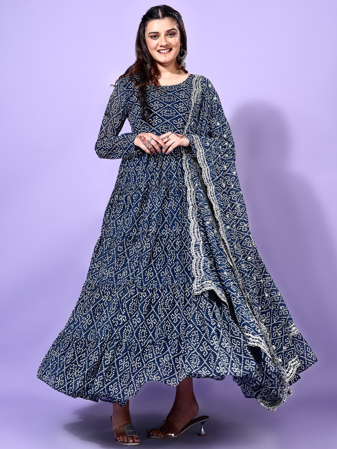 

Ethnic Yard Bandhani Printed Round Neck Anarkali Kurta With Trouser And Dupatta, Turquoise blue