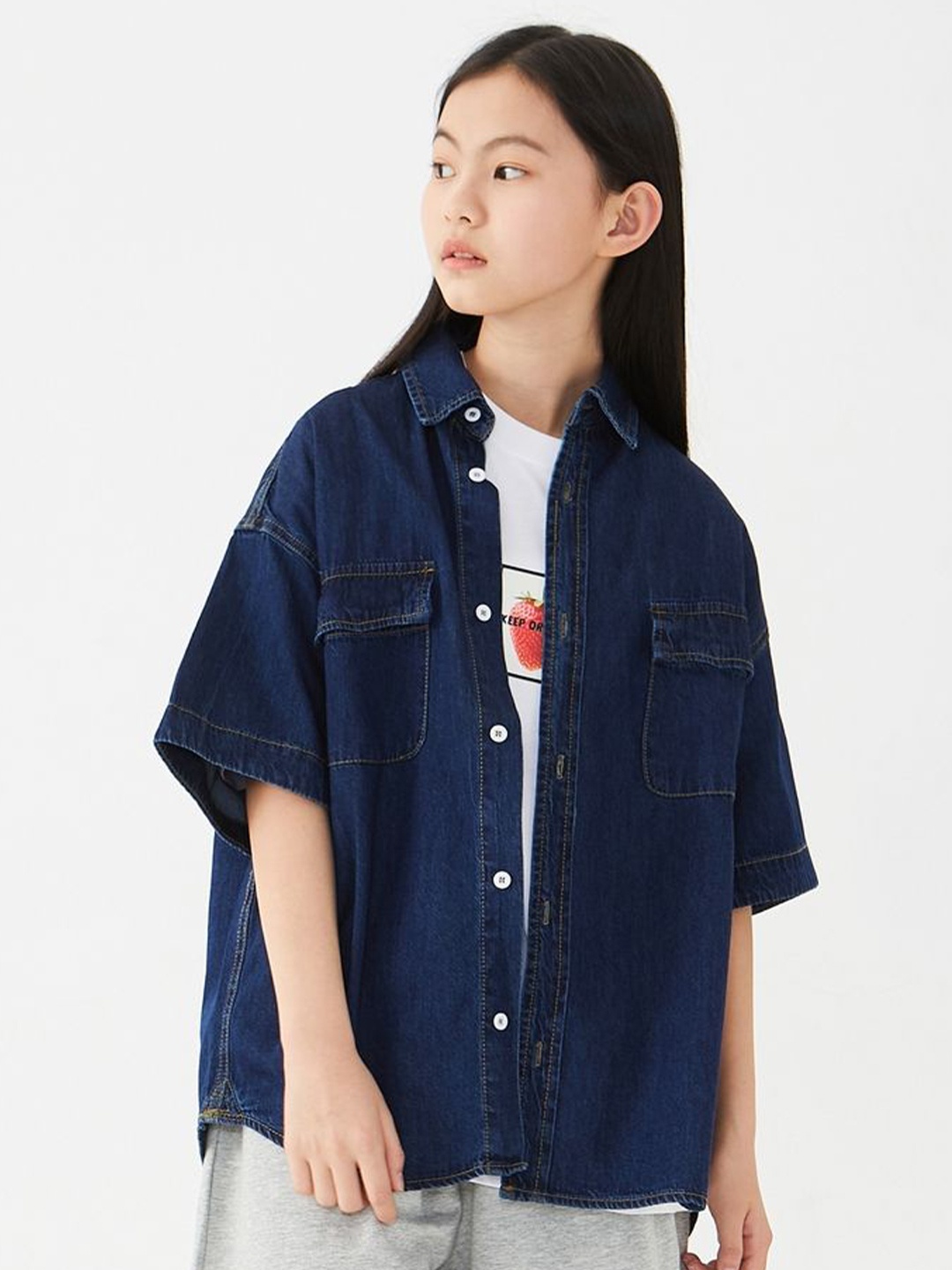 

LULU & SKY Girls Oversized Fit Spread Collar Faded Cotton Casual Shirt, Blue