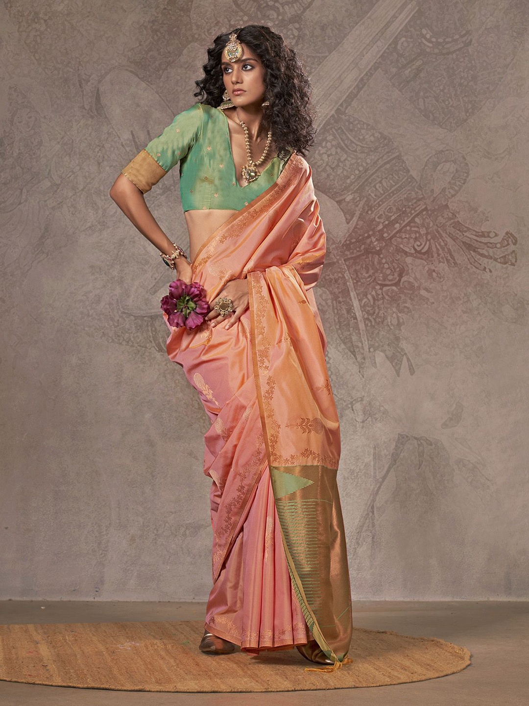 

elora Woven Design Zari Chanderi Saree, Peach