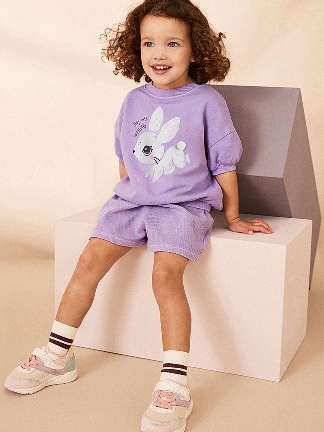 

LULU & SKY Girls Printed Round Neck Cotton T-Shirt With Shorts, Purple