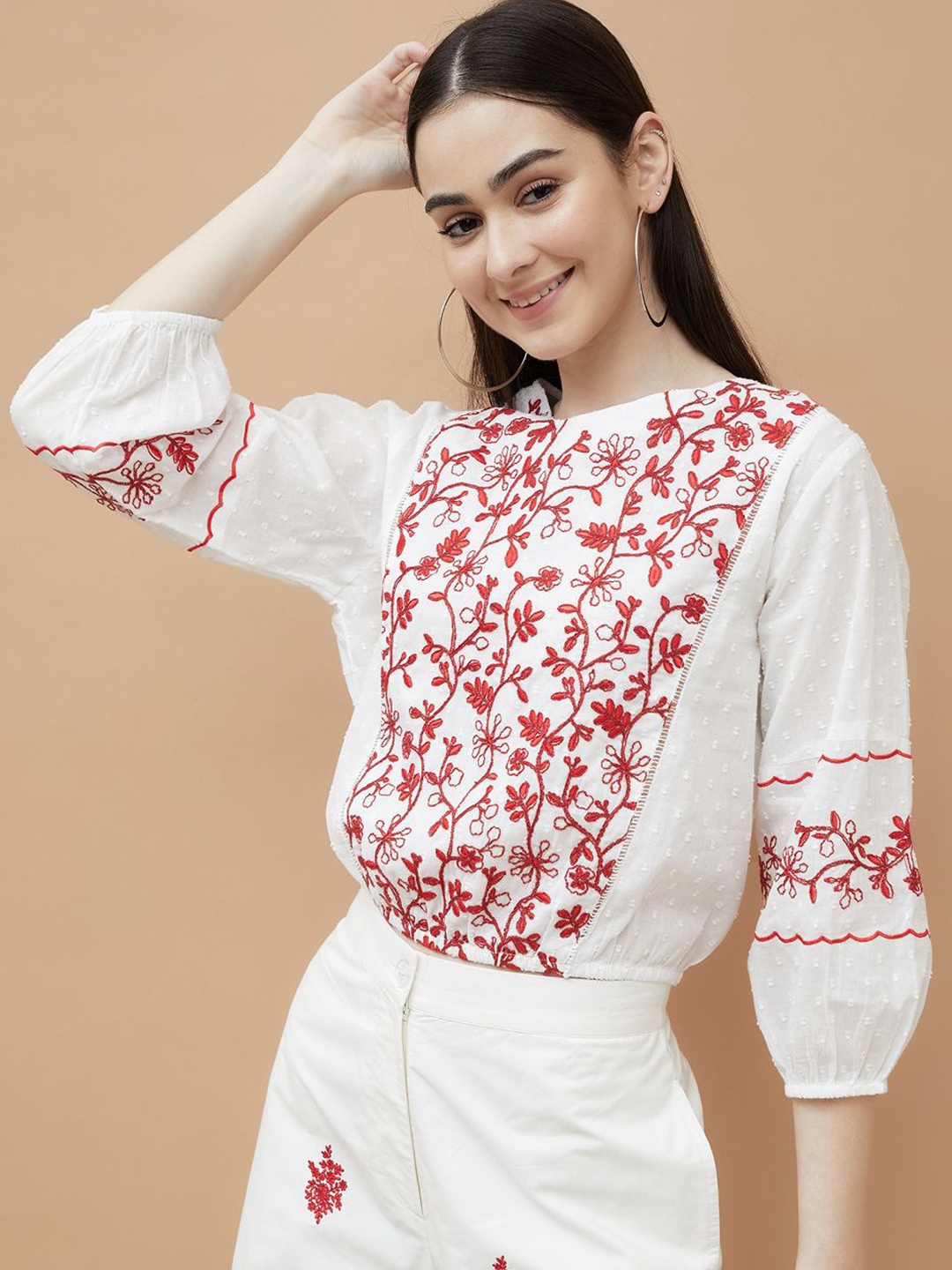 

Colour Me by Melange Floral Puff Sleeve Cotton Blouson Top, White