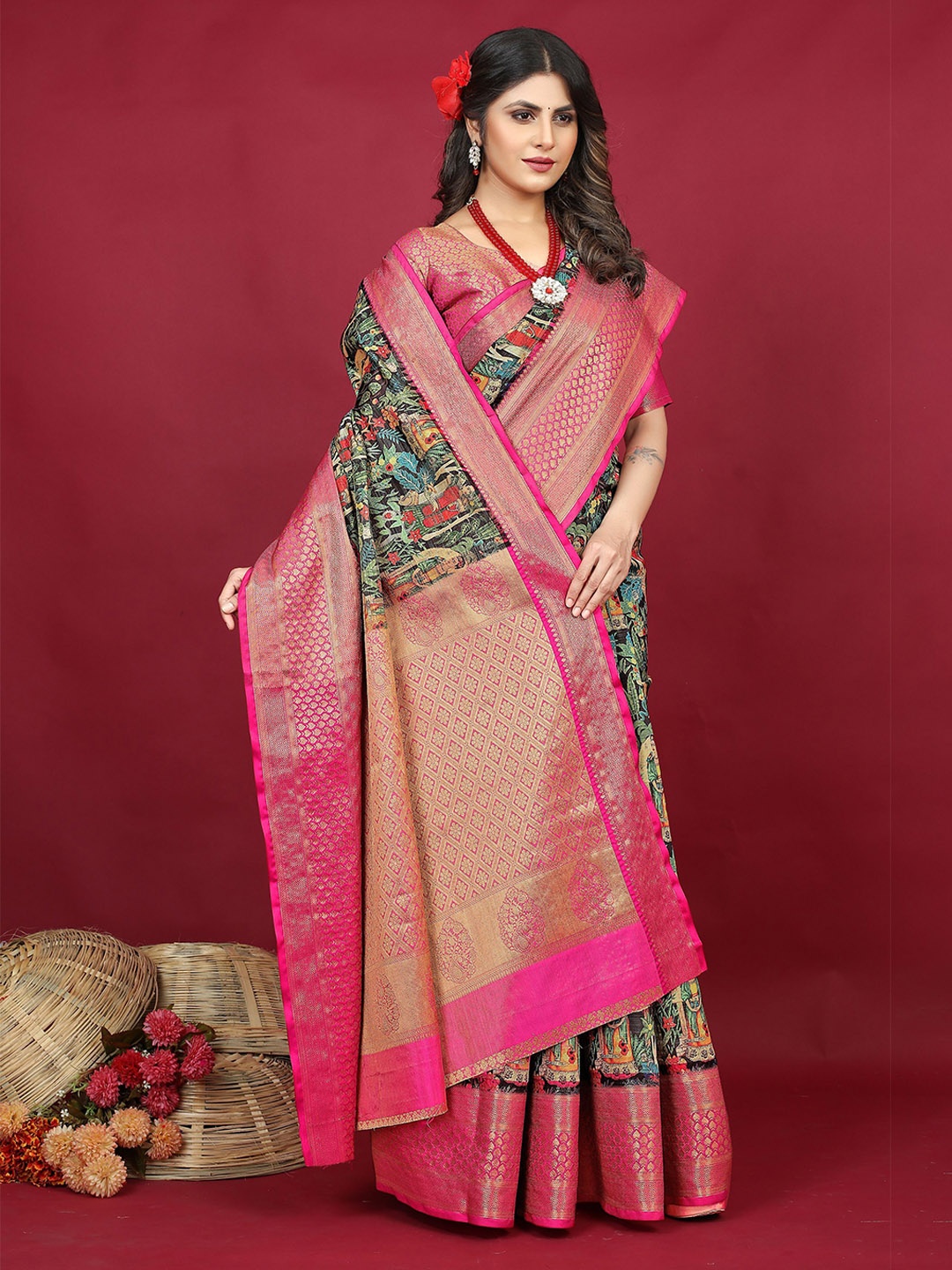 

Kandora Women Kalamkari Printed Zari Pure Silk Banarasi Saree, Green