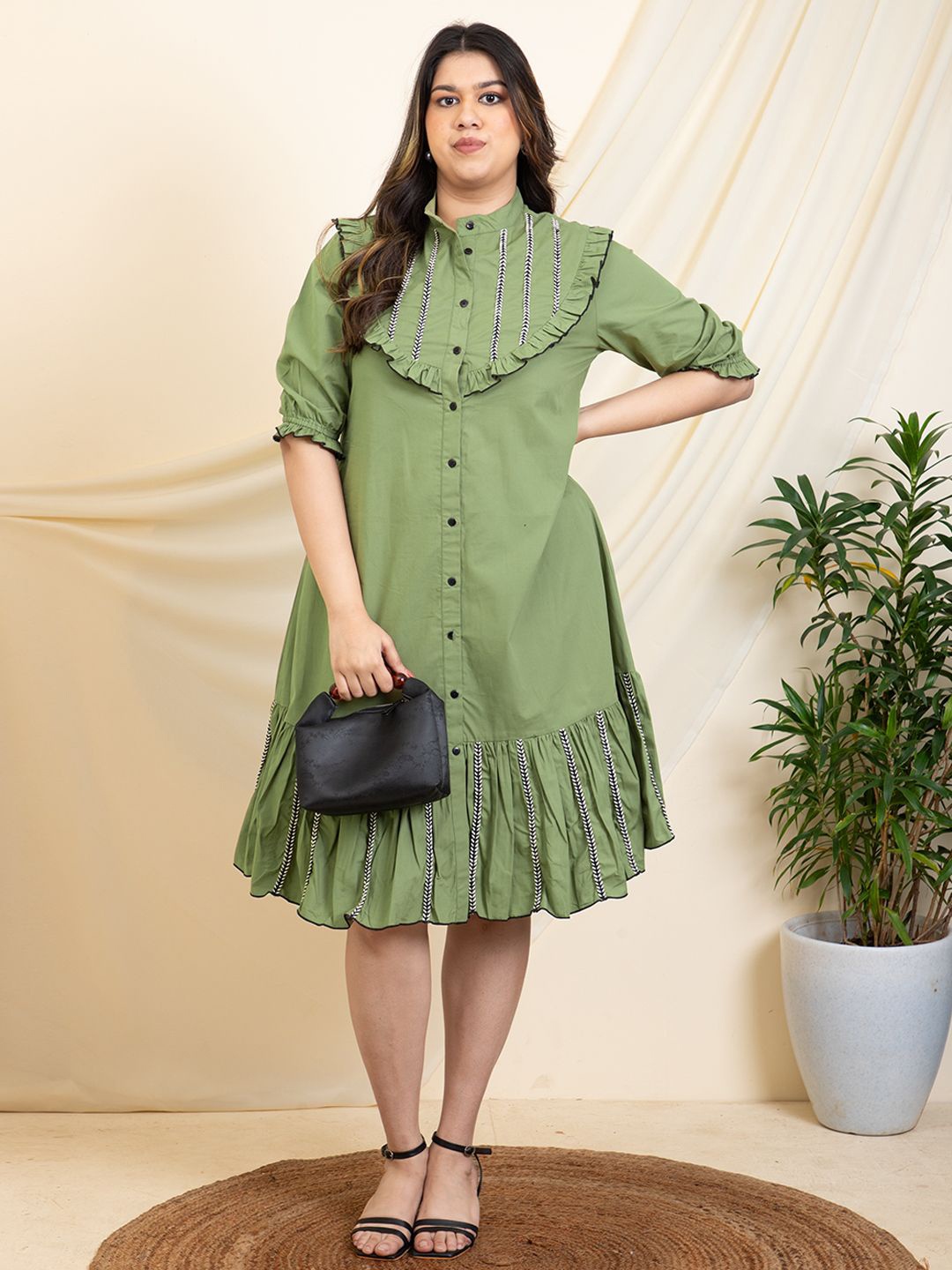 

DEEBACO Puff Sleeve Shirt Midi Dress, Sea green