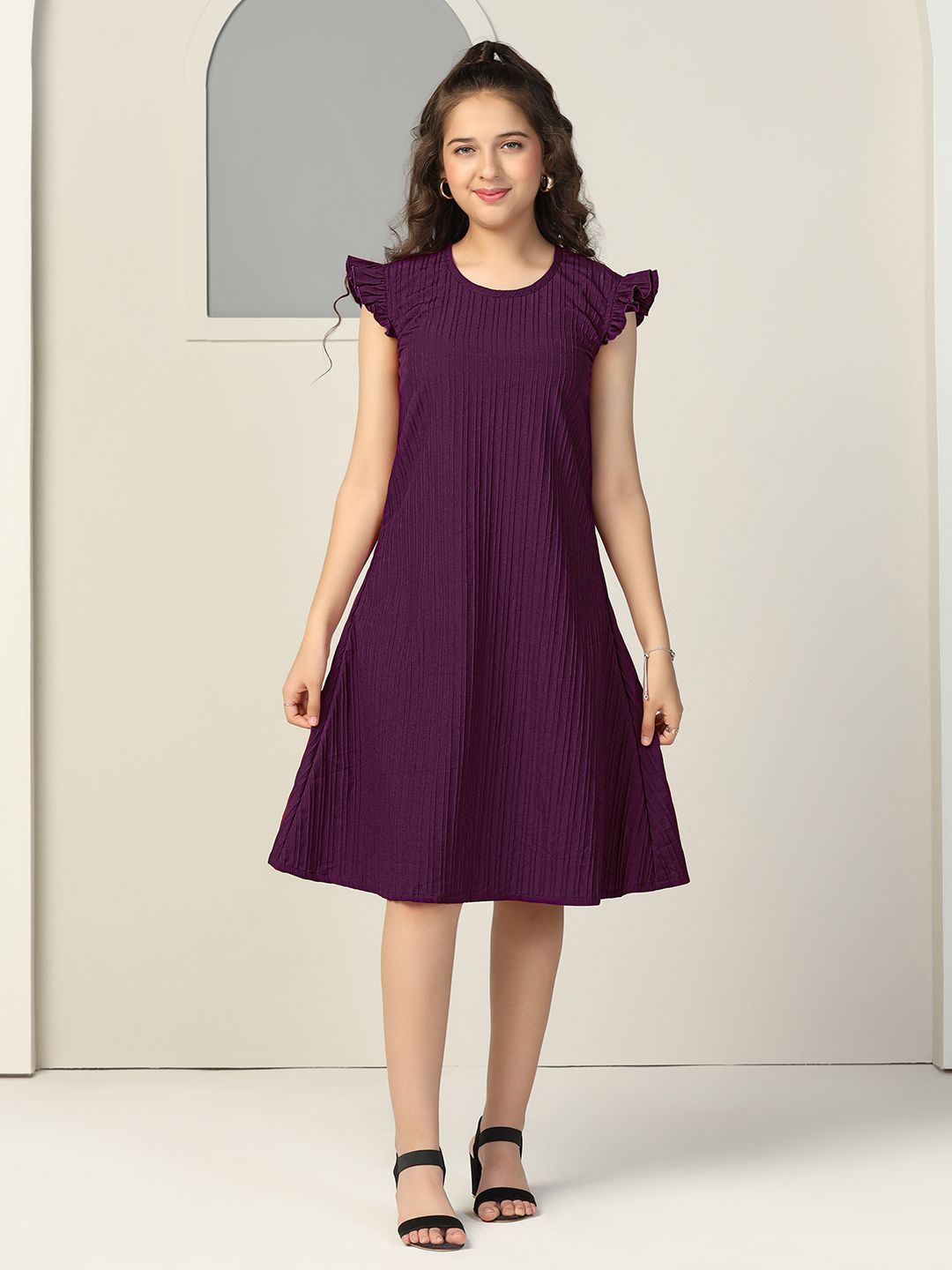 

YK Girls Round Neck Flutter Sleeve A-Line Dress, Purple