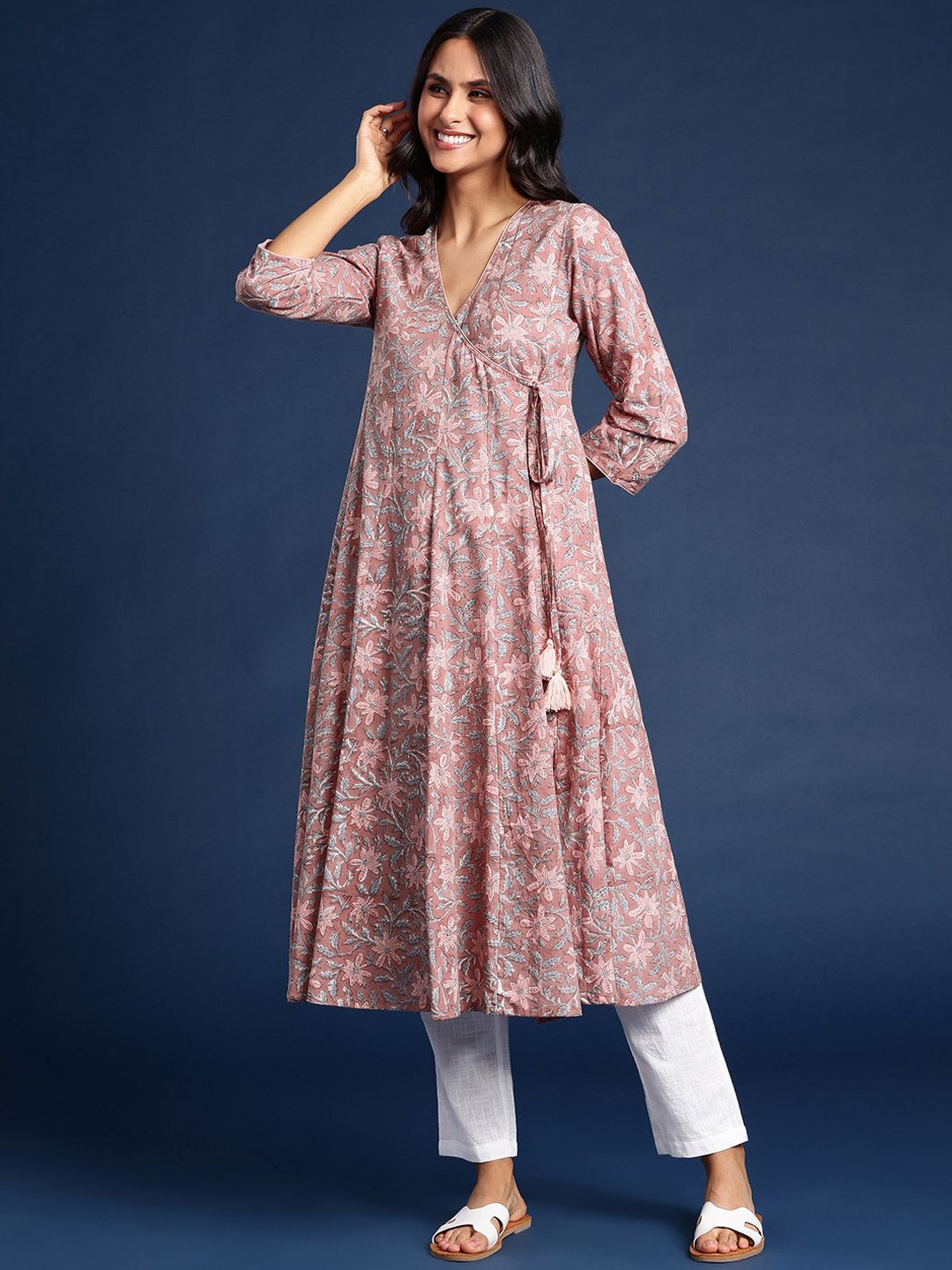 

Taavi Floral Printed V-Neck Angrakha Cotton Anarkali Kurta, Pink