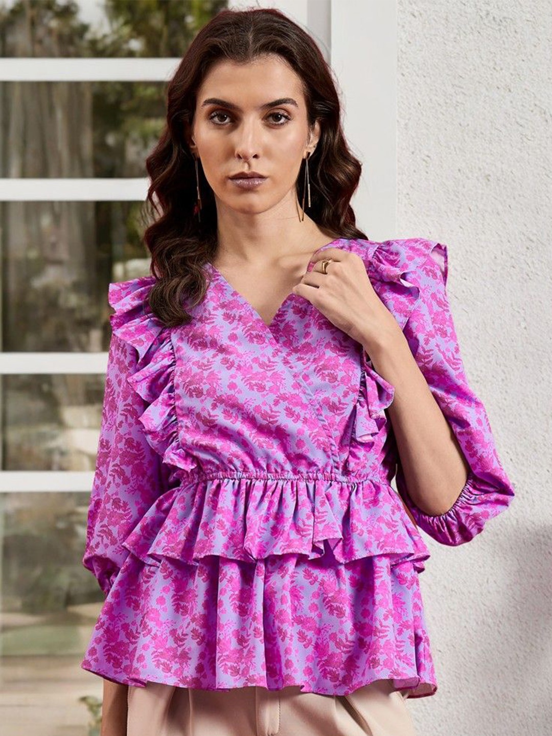 

ANJIR Women Floral Printed V-Neck Top, Pink
